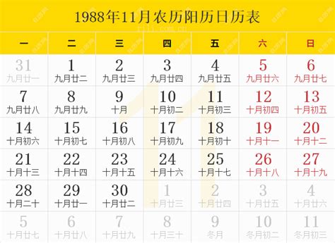 1988年11月22日|1988年日历表,1988年农历表（阴历阳历节日对照表）